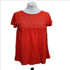 JACHS GIRLFRIEND Bright red eyelet embroidered short sleeves loose fit top